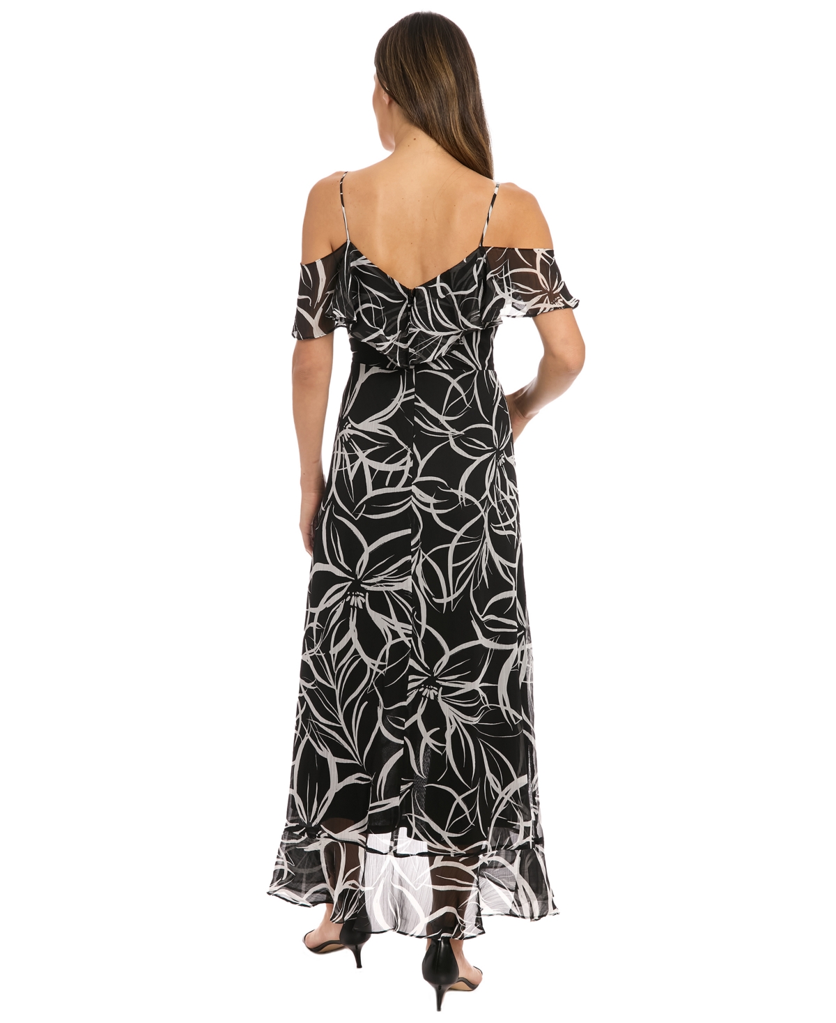London Times Petite Printed Cold-shoulder Maxi Dress In Black