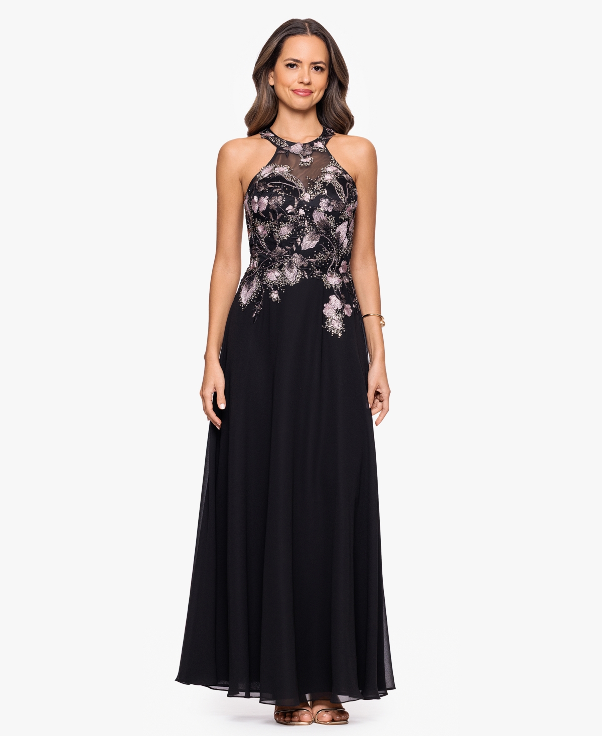 Betsy & Adam Metallic Embroidery Chiffon Gown In Black