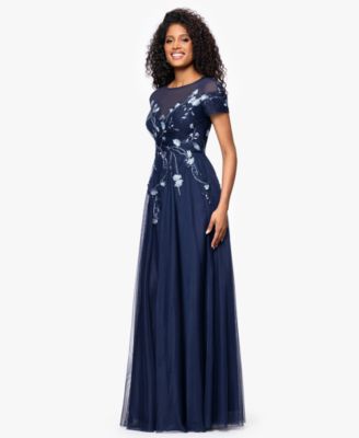 Women's Long Mesh Sequin Embroidered Cap Sleeve Dress