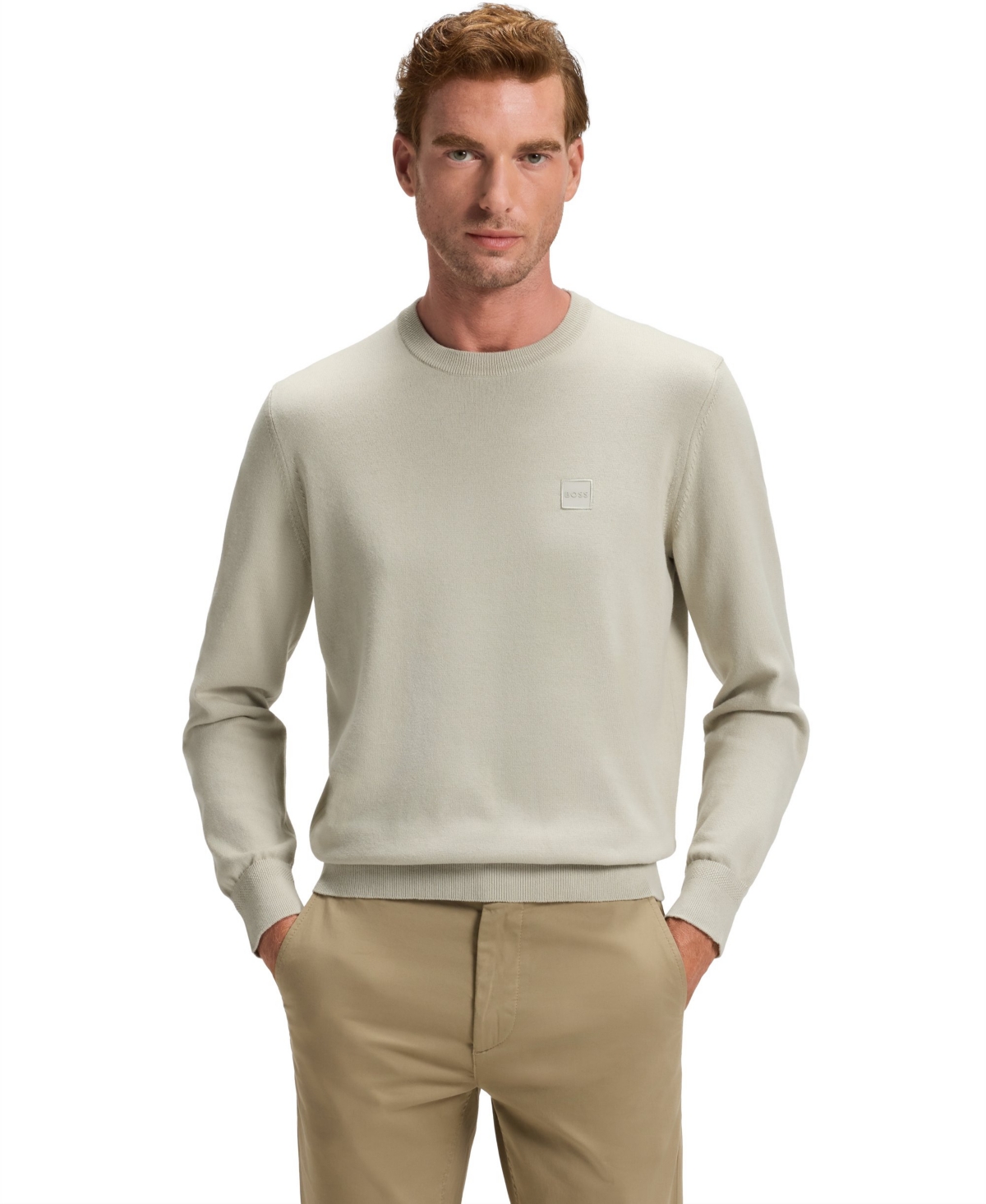 Hugo Boss Cotton-cashmere Regular-fit Sweater With Logo Patch In Neutral