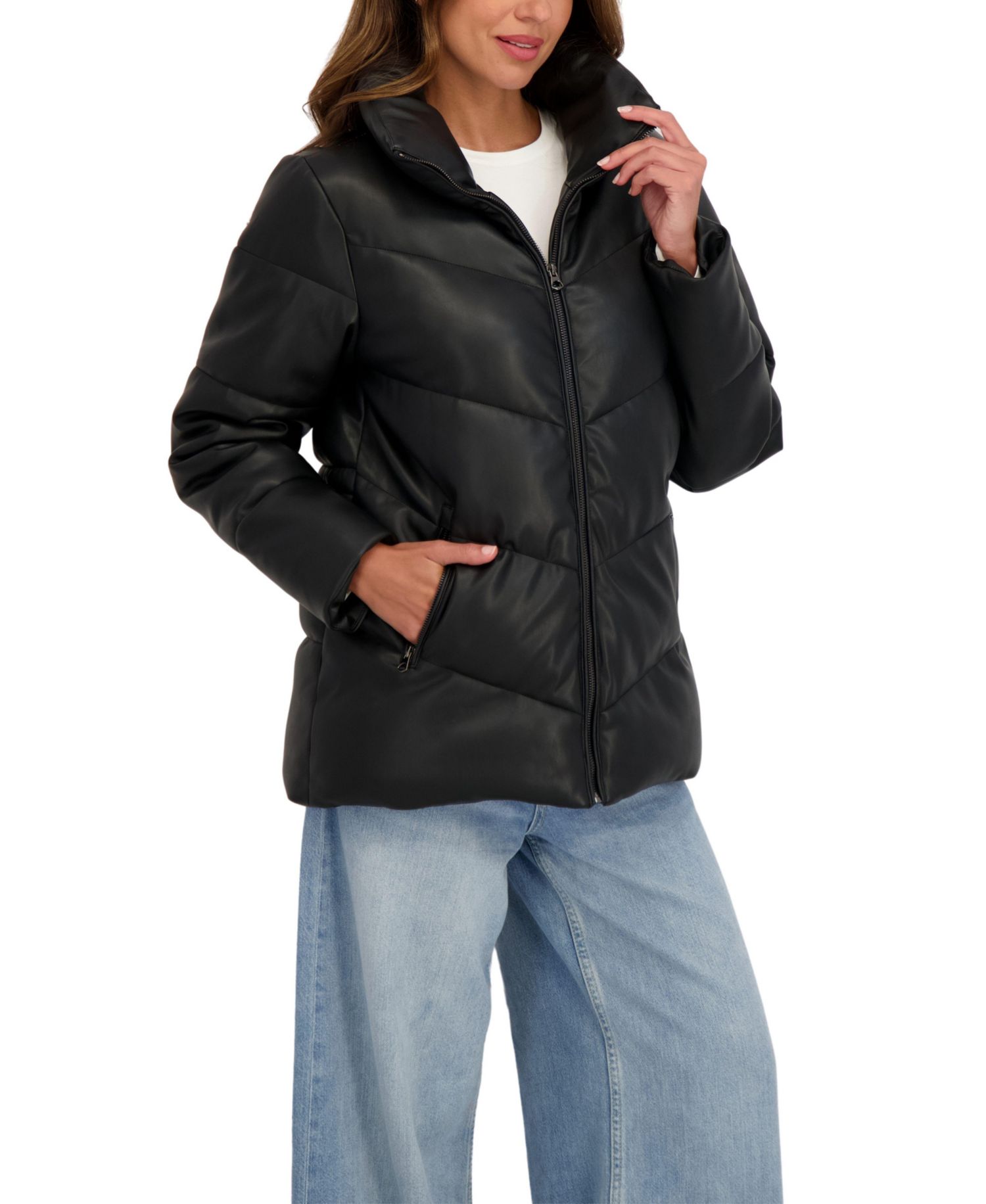 Women's Faux Leather Puffer Jacket