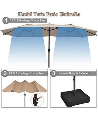 15 Feet Double-Sided Twin Patio Umbrella with Crank and Base