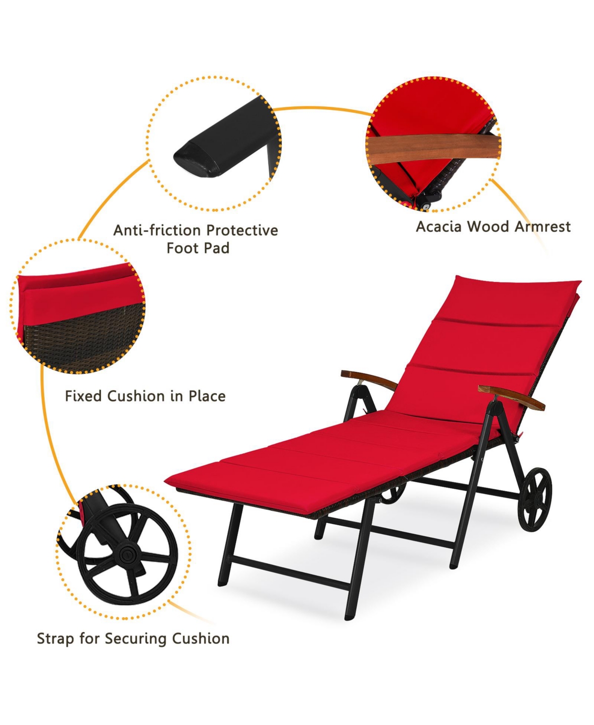 Gymax Folding Patio Rattan Lounge Chair Chaise Aluminum W/ Wheel & Red Cushion