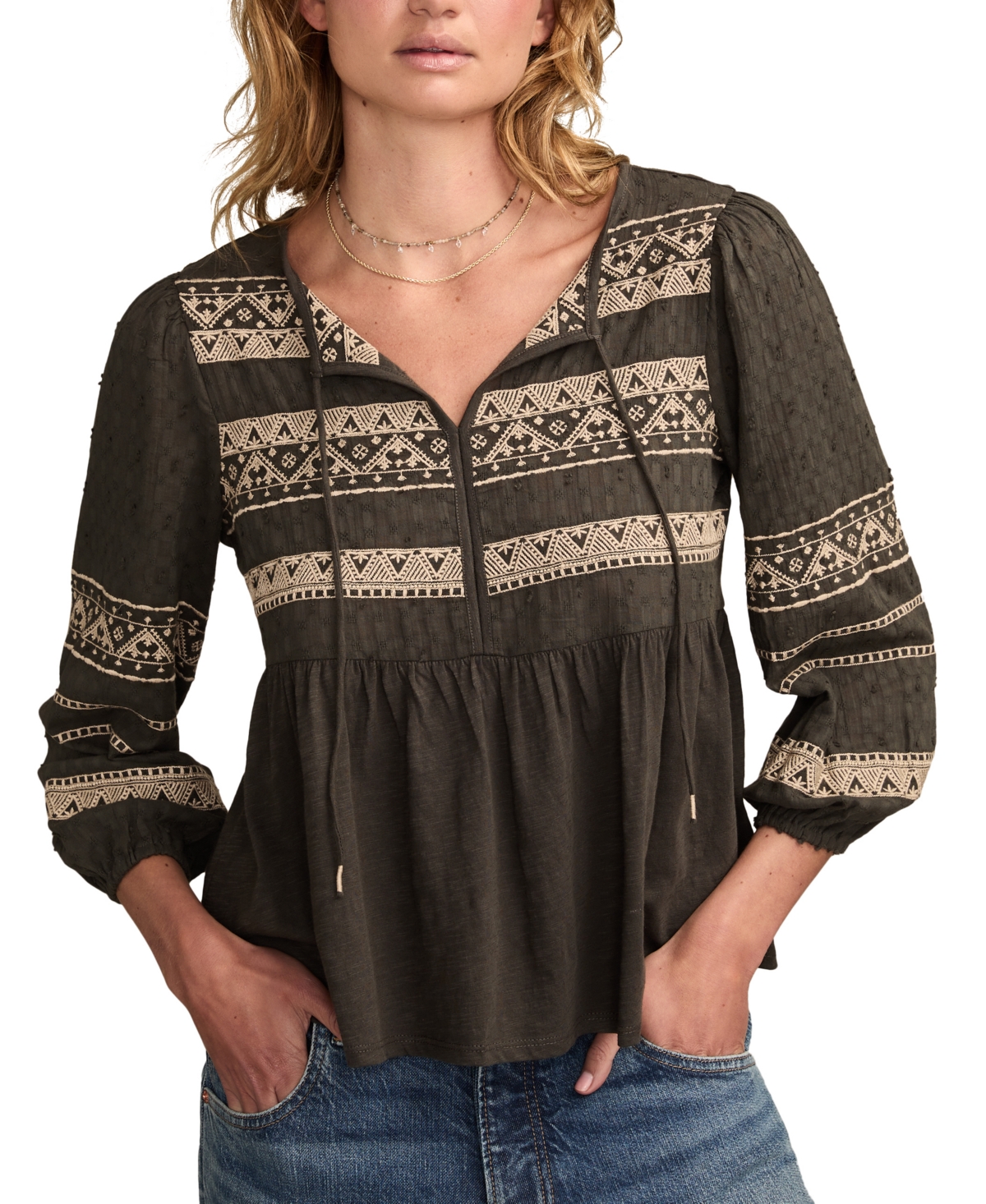 Lucky Brand Women's Mixed Trim Peasant Top In Black