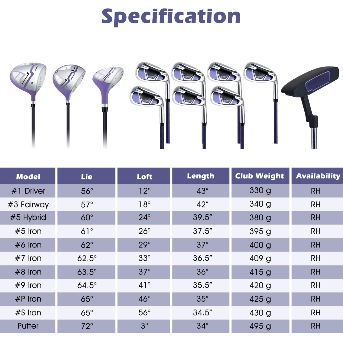 Women's Complete Right-Hand Golf Club Set with Rain Hood - Purple