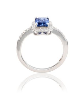 Suzy Levian Sterling Silver Emerald Cut Sapphire & Created White Sapphire Halo Ring