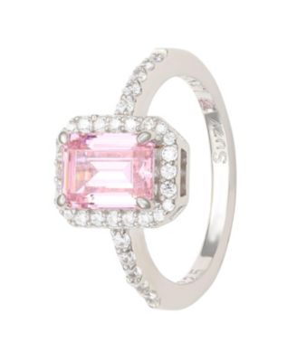 Suzy Levian Sterling Silver Emerald Cut Sapphire & Created White Sapphire Halo Ring