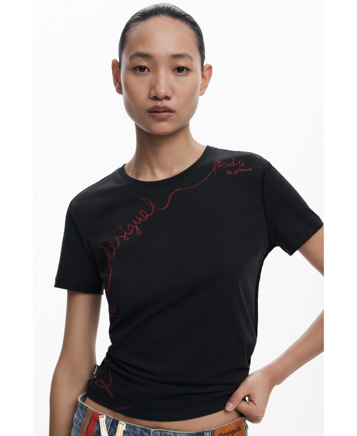 Desigual Embroidered Stretch Cotton T-shirt In Black