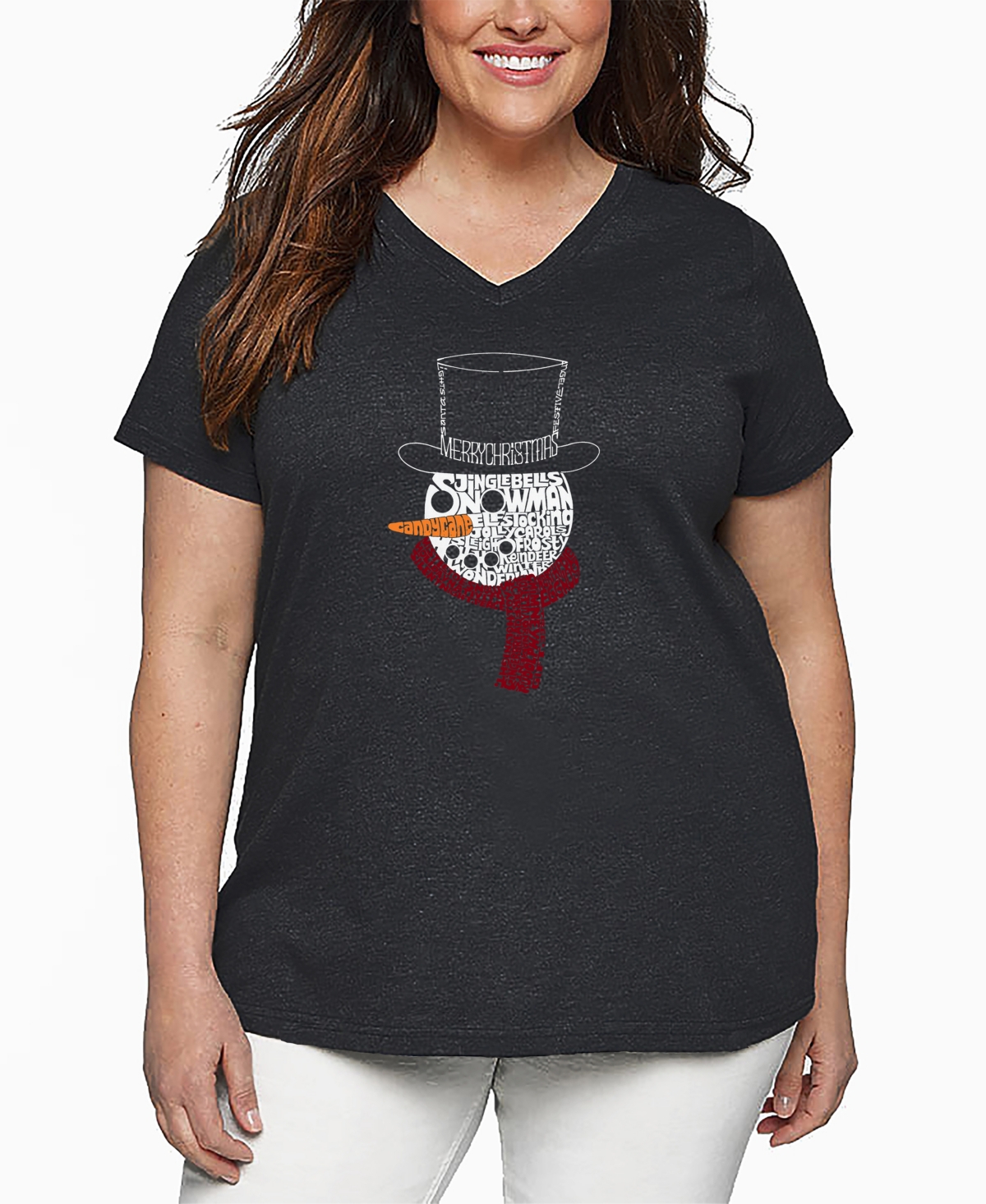La Pop Art Plus Size Snowman Face Word Art V-neck T-shirt In Gray