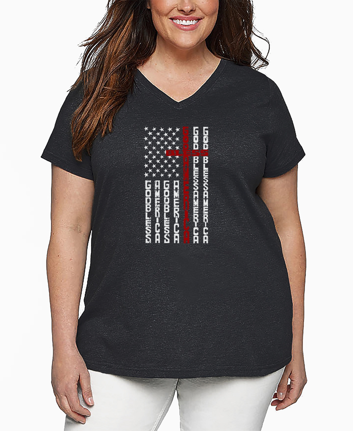 La Pop Art Plus Size Cross Flag Word Art V-neck T-shirt In Gray