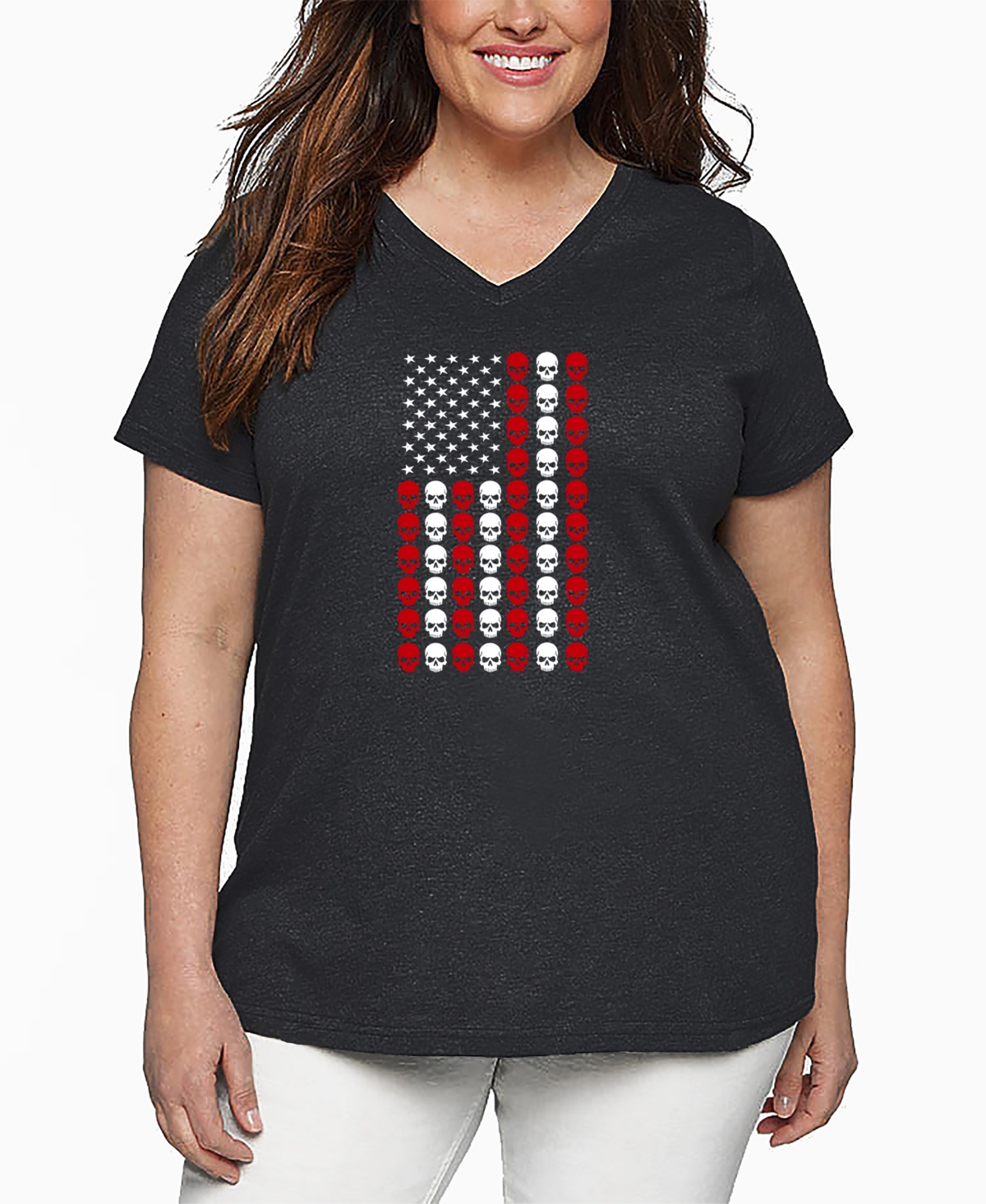 La Pop Art Plus Size Skull Flag Word Art V-neck T-shirt In Gray