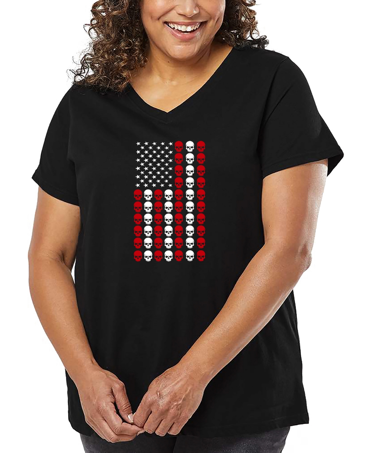 La Pop Art Plus Size Skull Flag Word Art V-neck T-shirt In Black