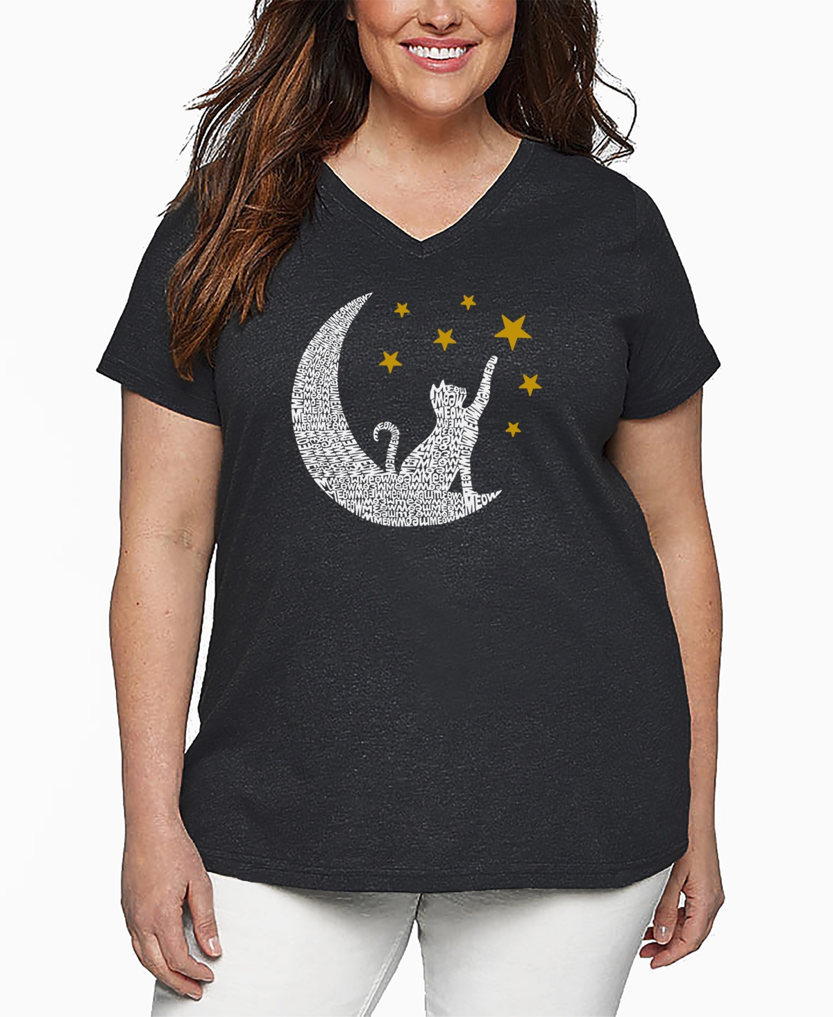 La Pop Art Plus Size Cat Moon Word Art V-neck T-shirt In Gray