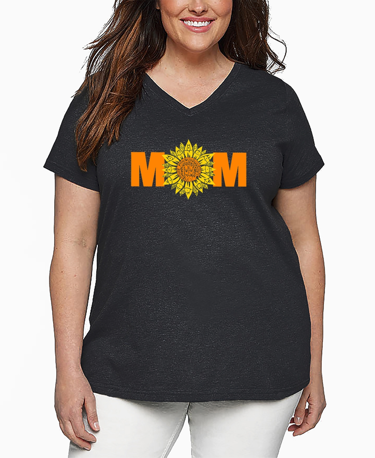 La Pop Art Plus Size Mom Sunflower Word Art V-neck T-shirt In Gray