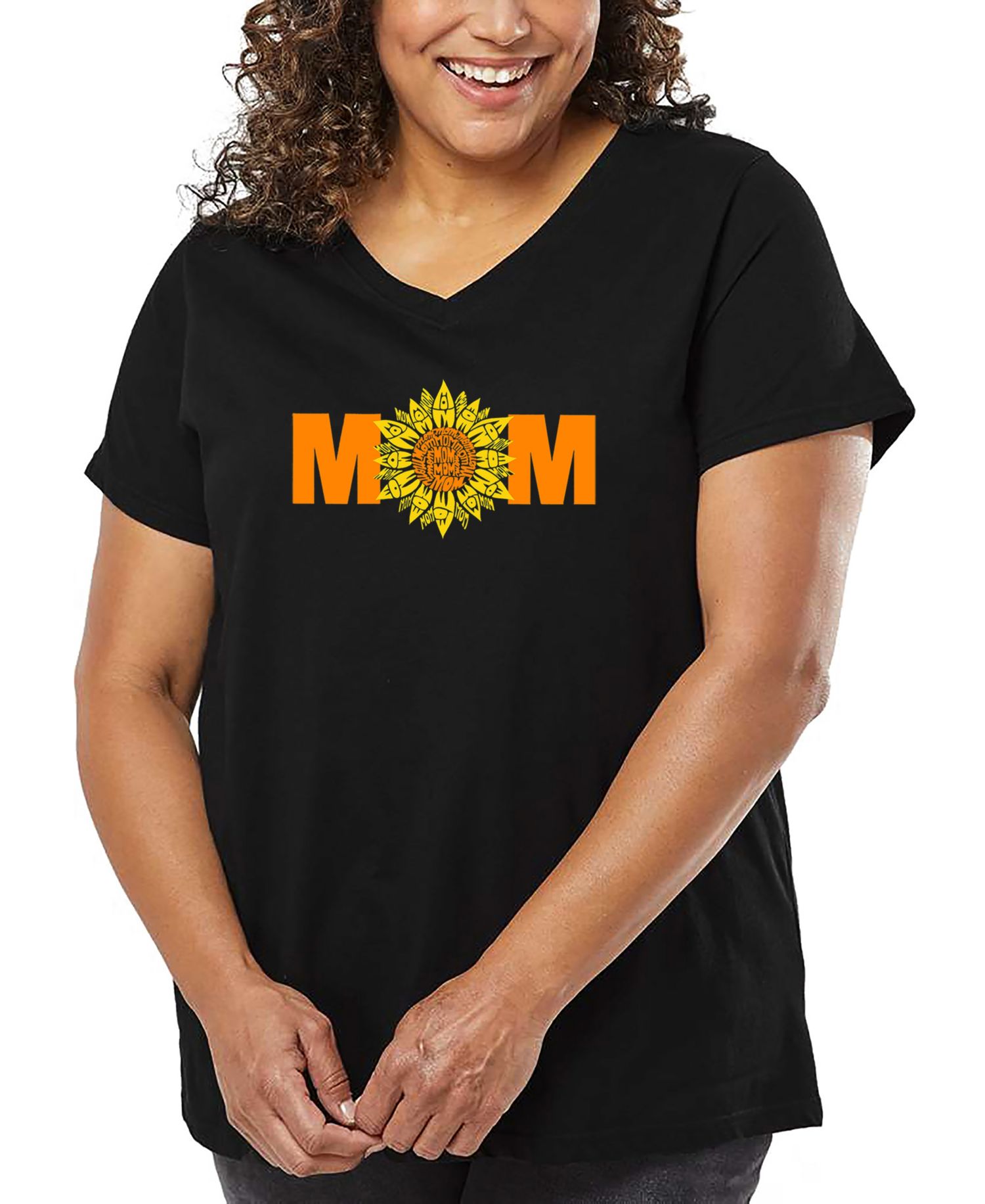 Plus Size Mom Sunflower Word Art V-Neck T-Shirt