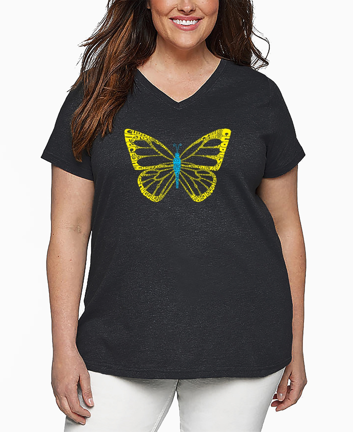 La Pop Art Plus Size Butterfly Word Art V-neck T-shirt In Gray