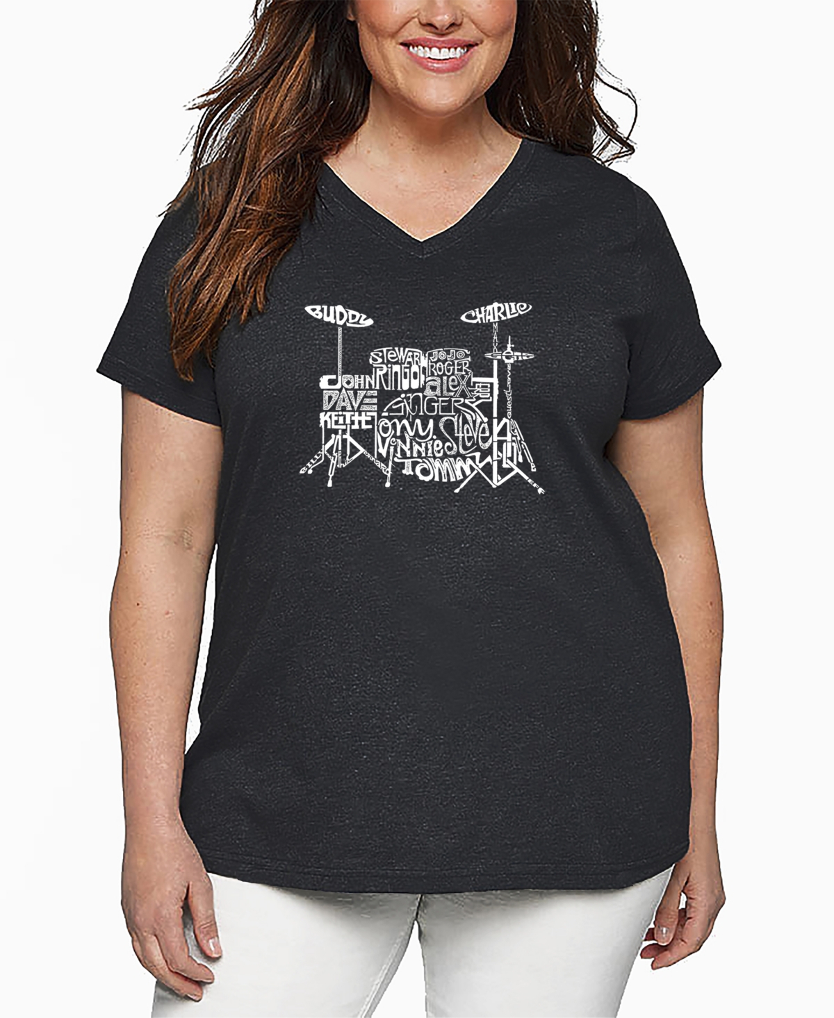 La Pop Art Plus Size Drums Word Art V-neck T-shirt In Gray