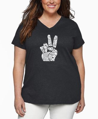 Plus Size PEACE FINGERS Word Art V-Neck T-Shirt