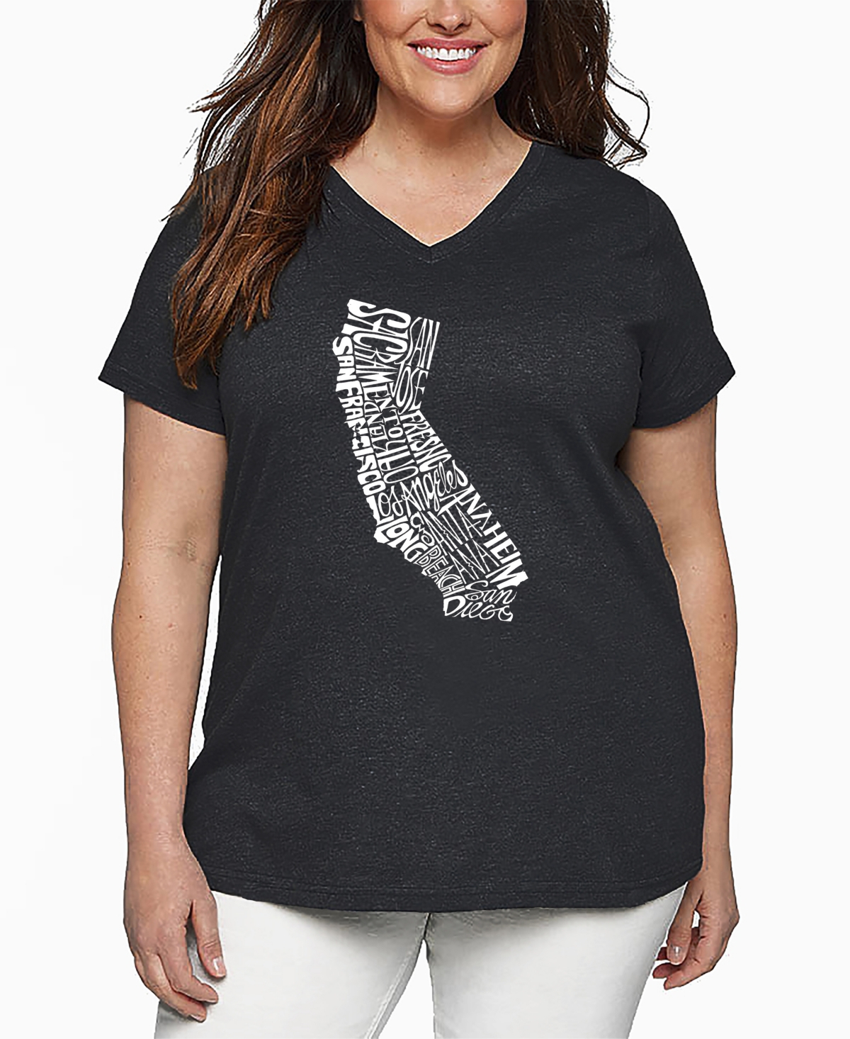La Pop Art Plus Size California State Word Art V-neck T-shirt In Gray