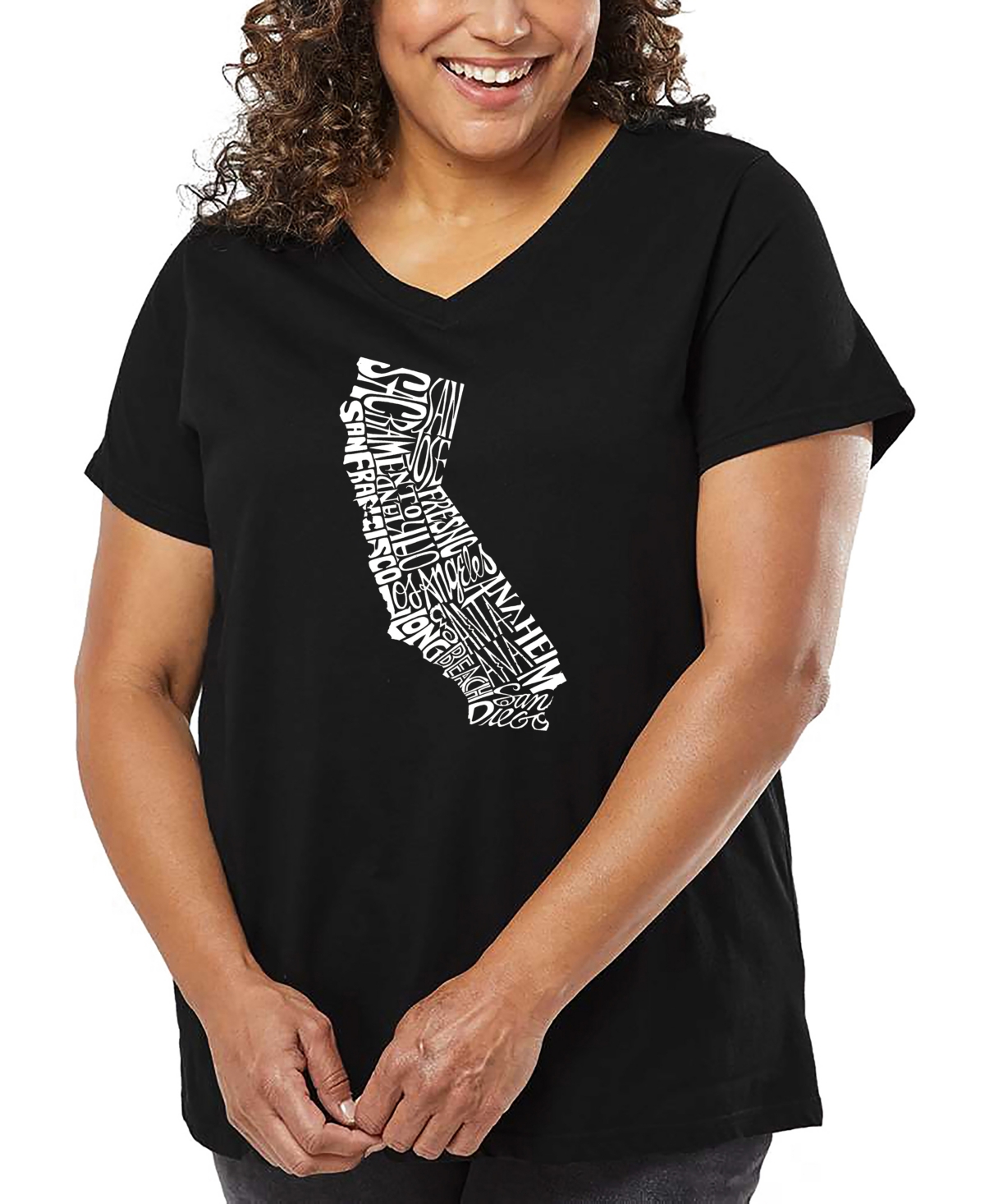 La Pop Art Plus Size California State Word Art V-neck T-shirt In Black