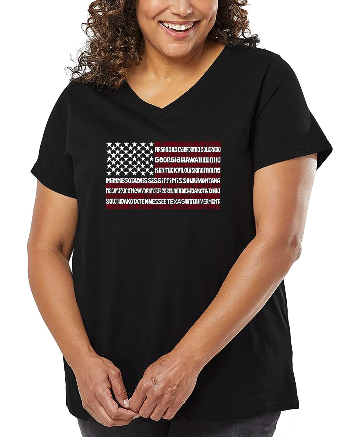 La Pop Art Plus Size 50 States Usa Flag Word Art V-neck T-shirt In Black