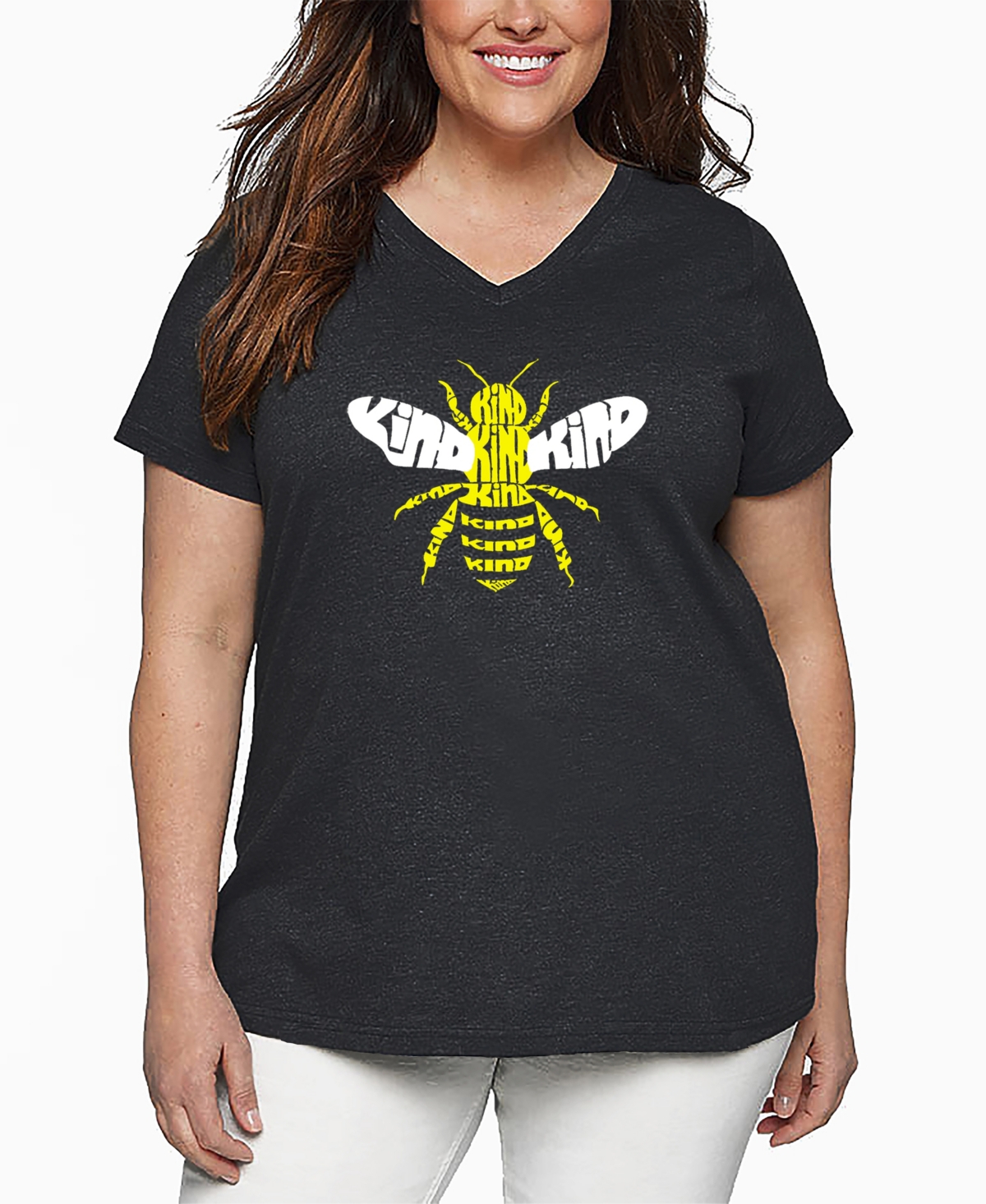 La Pop Art Plus Size Bee Kind Word Art V-neck T-shirt In Black