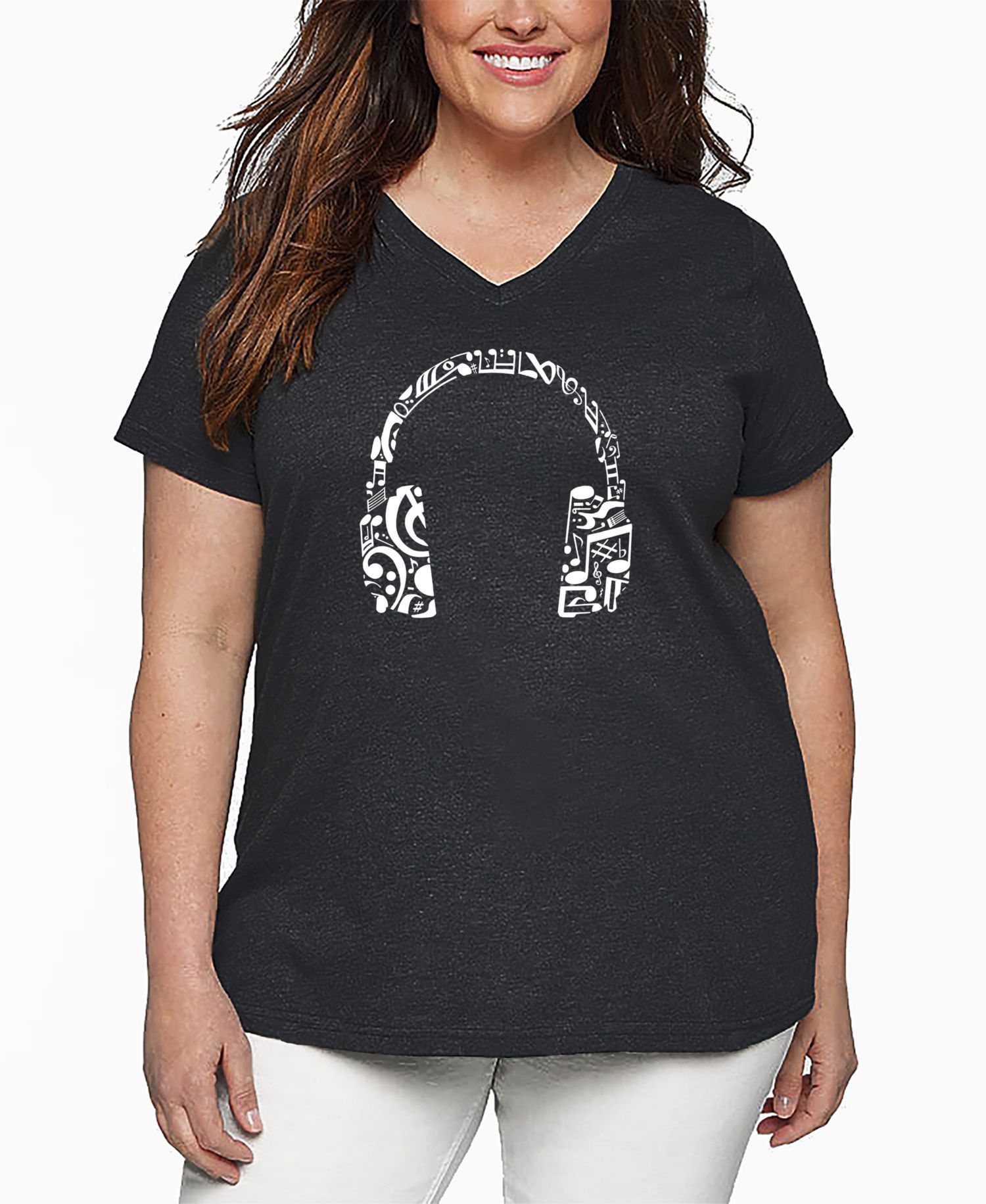 Plus Size Music Note Headphones Word Art V-Neck T-Shirt