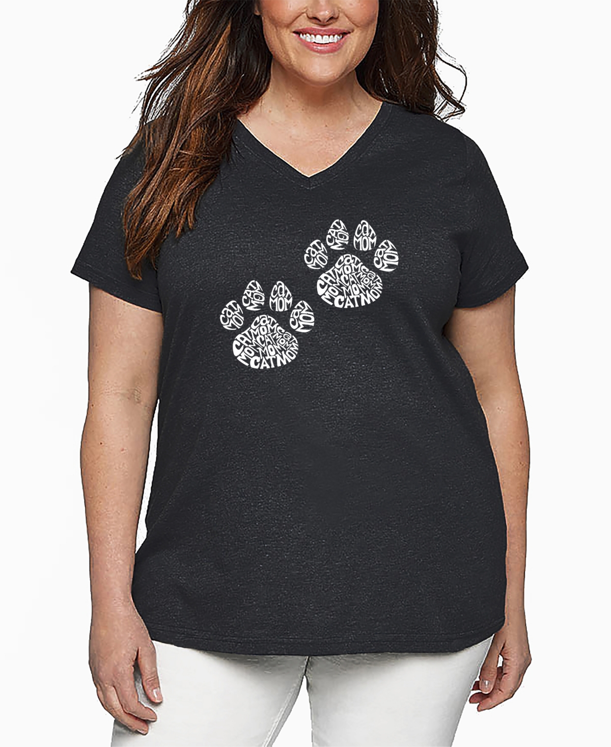La Pop Art Plus Size Woof Paw Prints Word Art V-neck T-shirt In Gray