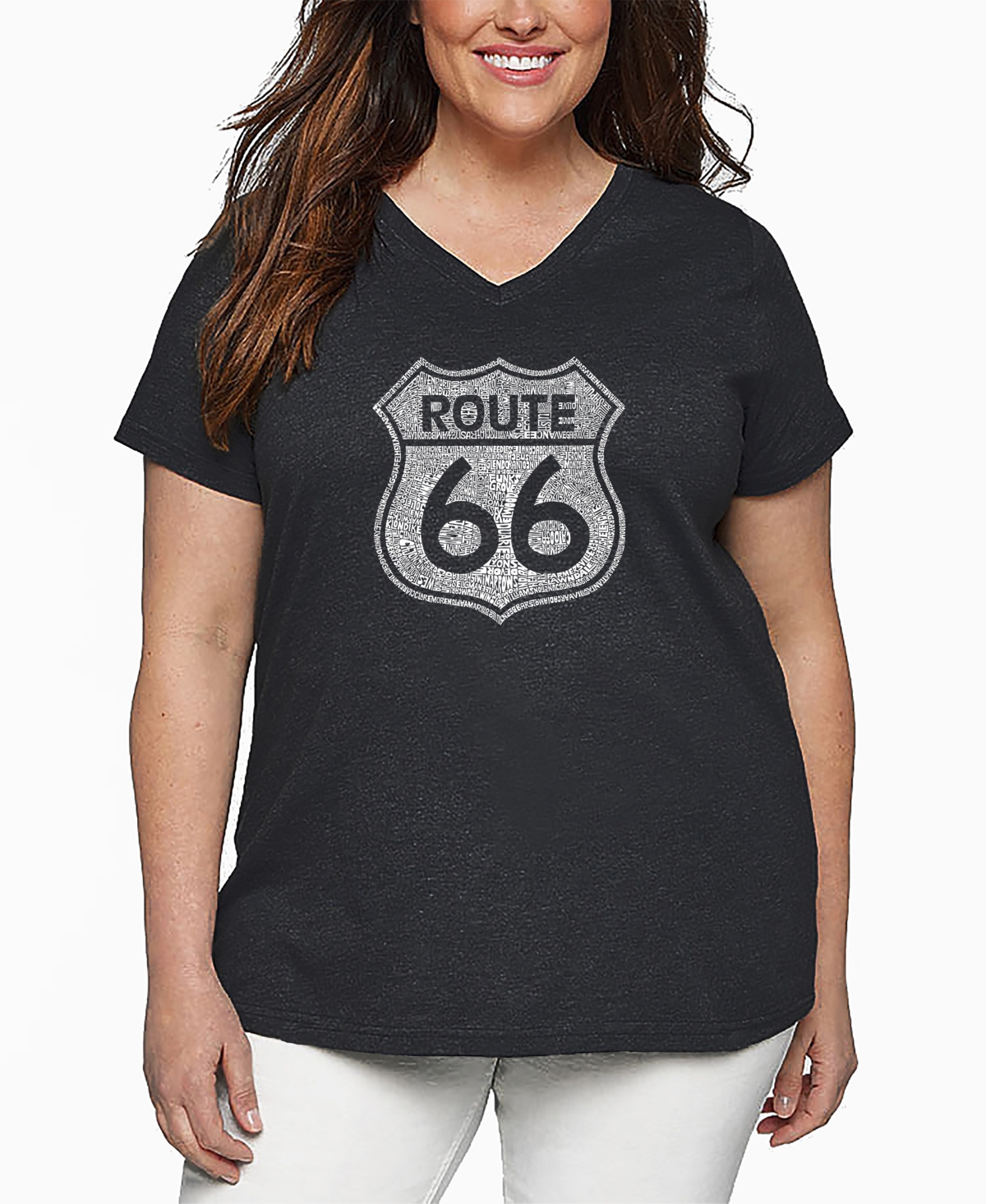 La Pop Art Plus Size Cities Along The Legendary Route 66 Word Art V-neck T-shirt In Black