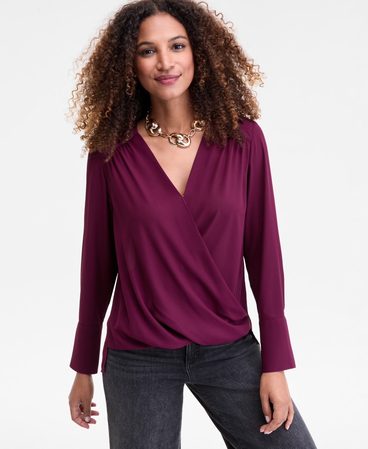 Inc International Concepts Women's Surplice Long-sleeve Blouse, Exclusively At Macy's In Purple