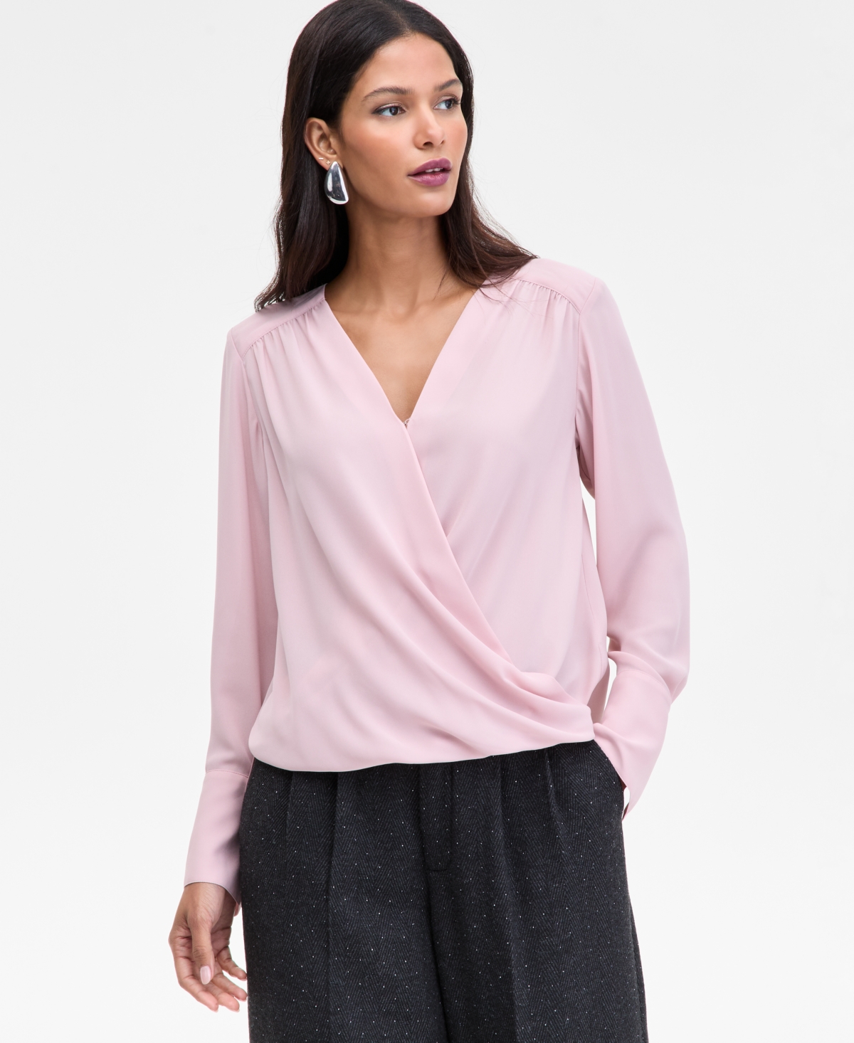 Inc International Concepts Women's Surplice Long-sleeve Blouse, Exclusively At Macy's In Pink