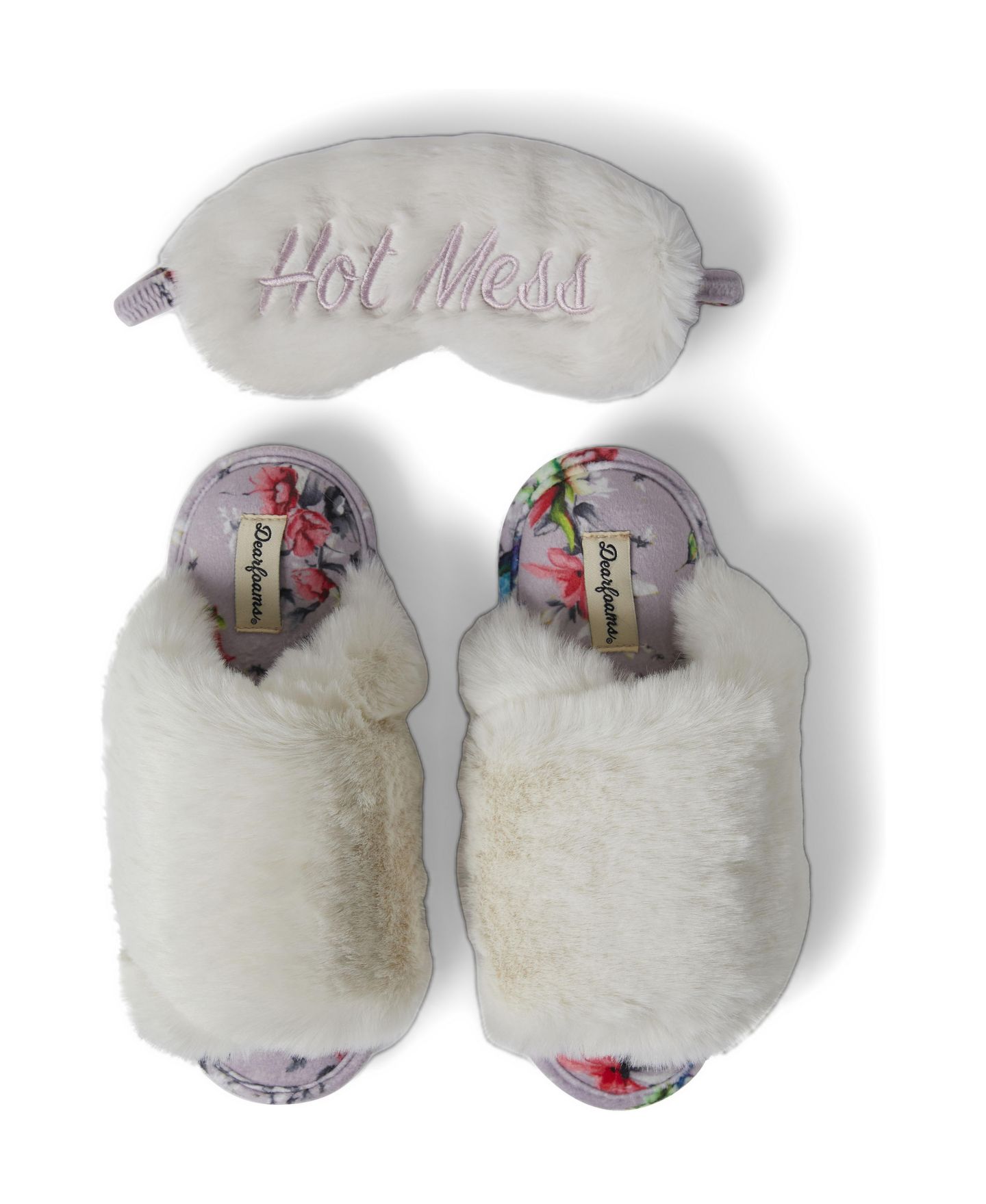 Женские тапочки Dearfoams Louise Fuzzy Cross Band Slide Slipper with Eyemask Gift Set, цвет: Муслиновый — фото 1