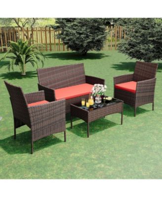 4 Pieces Brown/Red Rattan Outdoor Patio Furniture Set with Upholstered Sofa, 2 Chairs & Coffee Table for Backyard & Porch