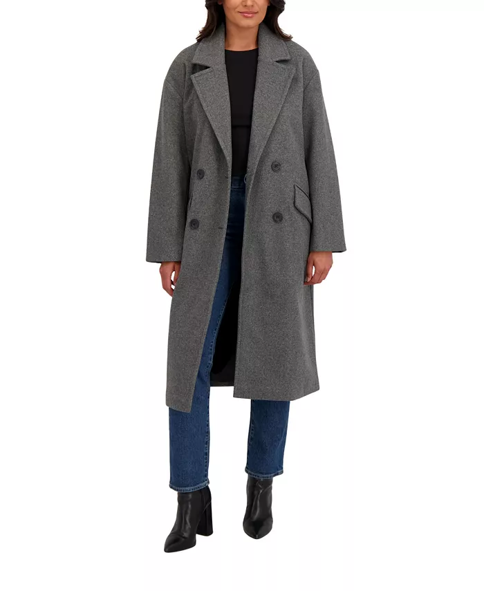 Women's Long Oversized Double Breasted Faux Wool Coat - thumbnail 8