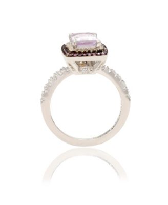 Suzy Levian Sterling Silver Emerald Cut Topaz and Sapphire Double Halo Ring