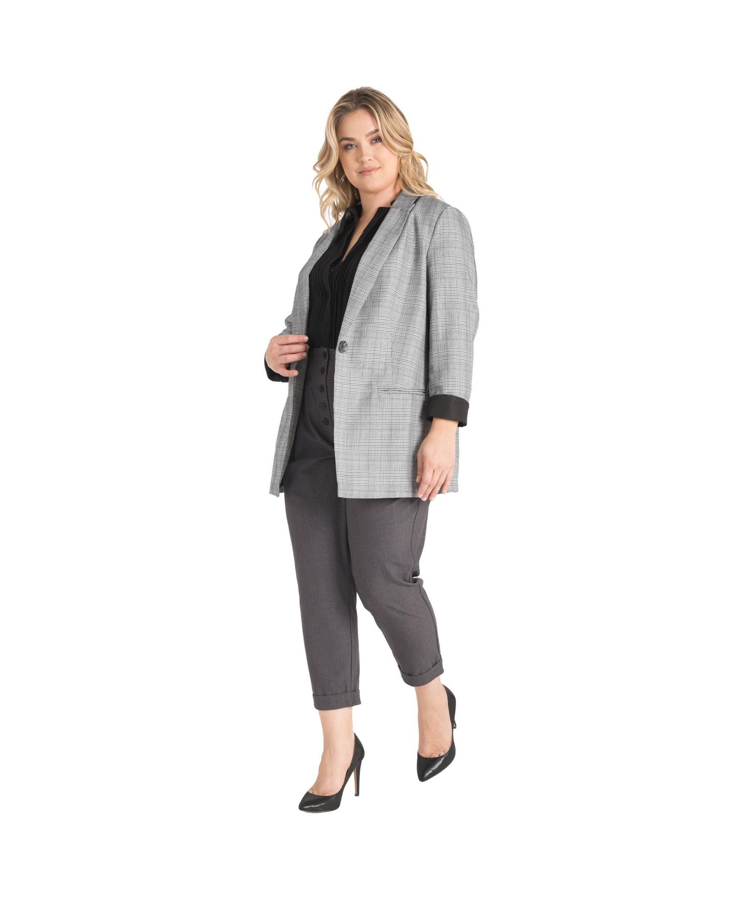Женский пиджак Standards & Practices One-Button Oversize Plaid Boyfriend Blazer, цвет: Чёрный белый — фото 3