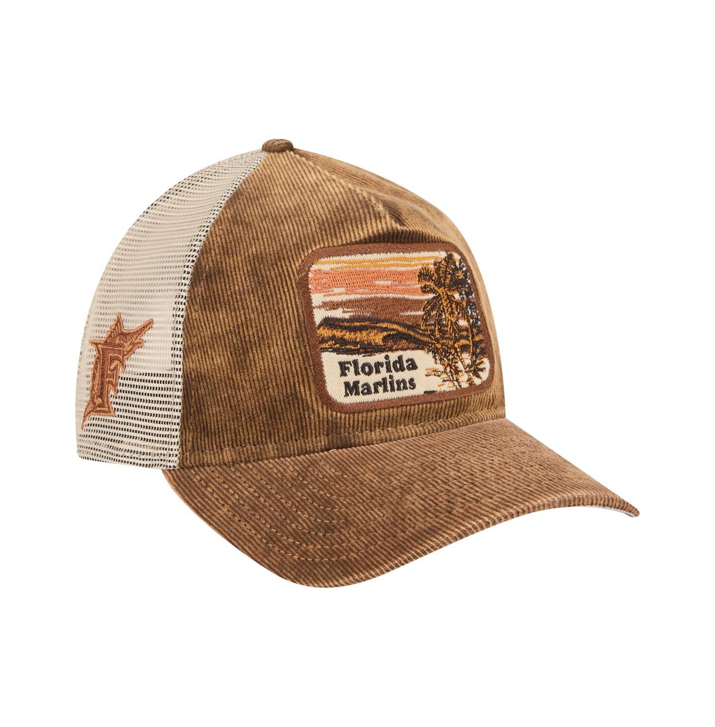 Мужская кепка New Era Dark Brown Florida Marlins Vintage Landscape 9TWENTY A-Frame Adjustable Trucker Hat — фото 1