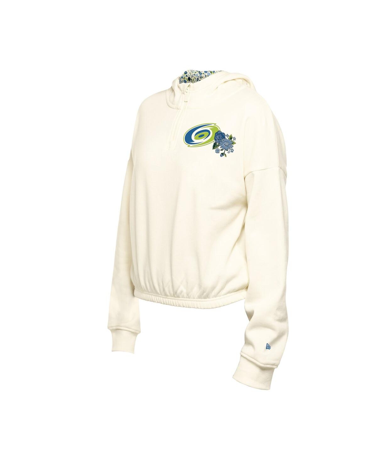 New Era Women's Cream Carolina Hurricanes Glam Game Quarter-zip Cropped Floral Hoodie Pullover Sweatshirt In Neutral
