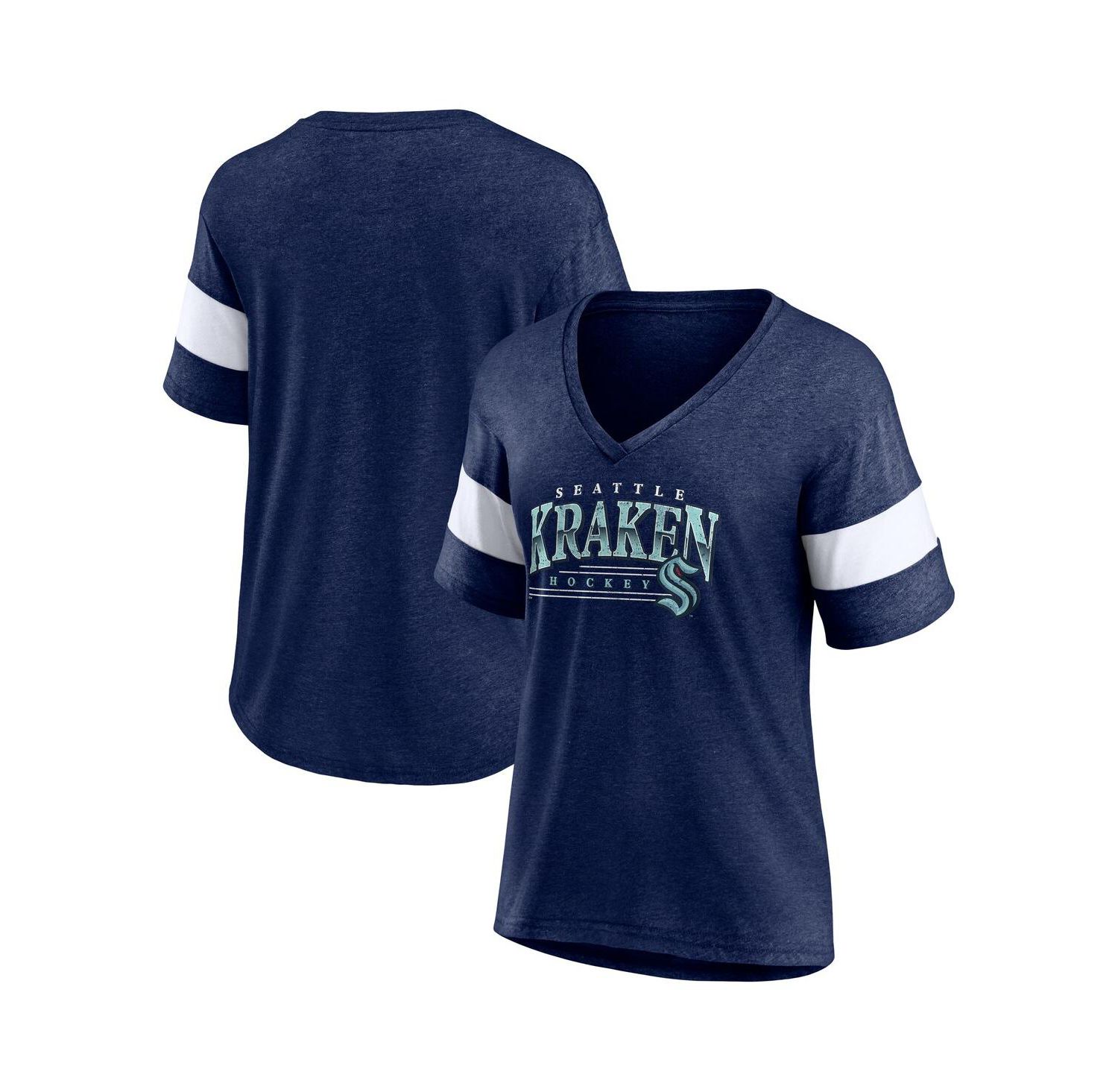 Women's Heather Deep Sea Blue Seattle Kraken Clapper V-Neck Half-Sleeve T-Shirt