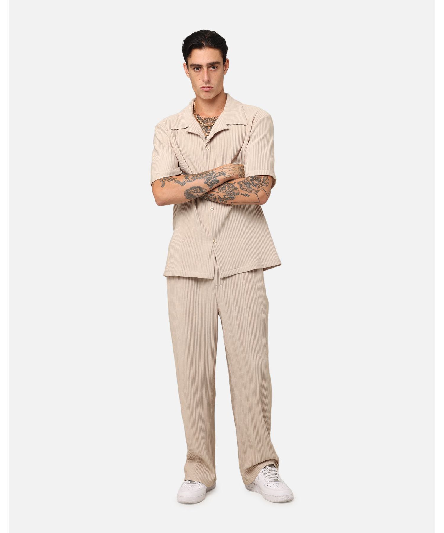 Men's Pleated Button Up Shirt - Tan L
