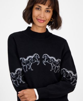 Women's Mock-Neck Embroidered-Horse Sweater 