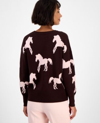 Women's Horse-Print Crewneck Long-Sleeve Sweater 