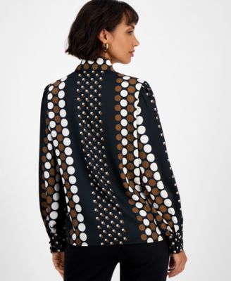 Women's Printed Tie-Neck Long-Sleeve Blouse 