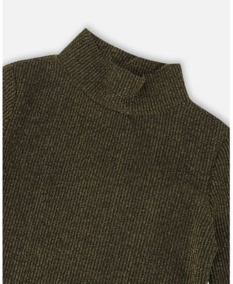 Girl Shiny Rib Mock Neck Top Black and Gold - Child