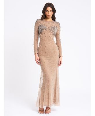 Women Rita Embroidered Mesh Silver Beaded Mermaid Gown