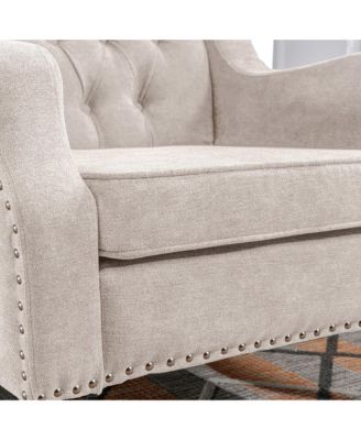 Footrest Chair Set with Vintage Brass Studs, Button Tufted Upholstered Armchair