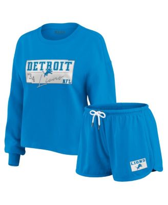 WEAR by Erin Andrews - Women's 2-Piece Blue Detroit Lions Heavy Rugby Jersey Long Sleeve T-Shirt and Shorts Lounge Set
