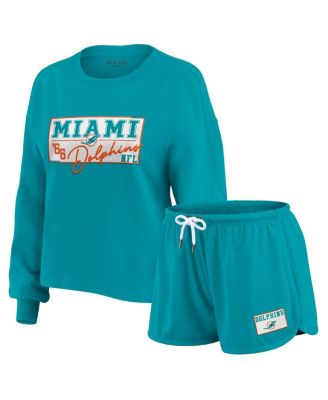 WEAR by Erin Andrews - Women's 2-Piece Aqua Miami Dolphins Heavy Rugby Jersey Long Sleeve T-Shirt and Shorts Lounge Set