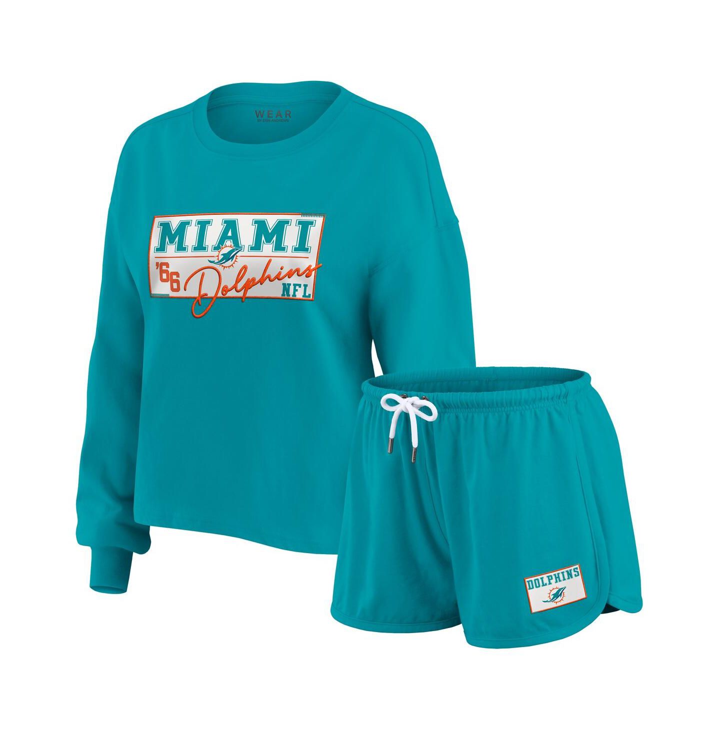 WEAR by Erin Andrews Women's 2-Piece Aqua Miami Dolphins Heavy Rugby Jersey Long Sleeve T-Shirt and Shorts Lounge Set — фото 1