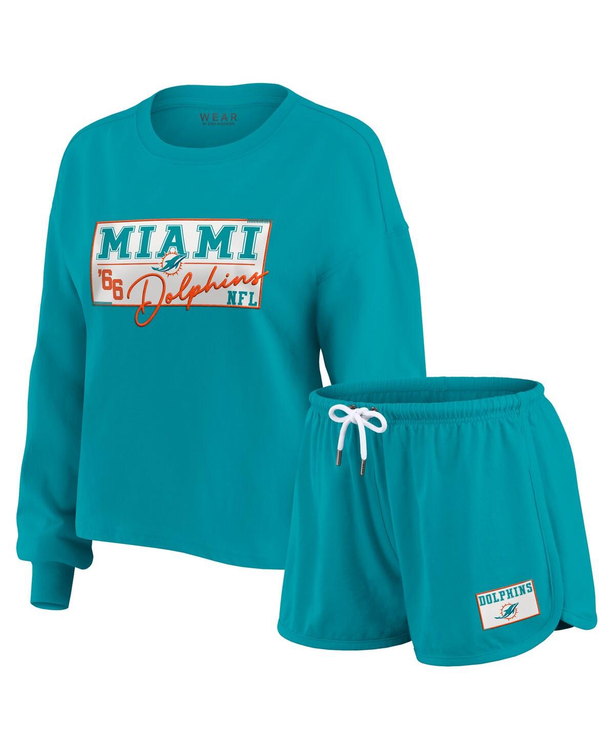 Wear By Erin Andrews Women's 2-piece Aqua Miami Dolphins Heavy Rugby Jersey Long Sleeve T-shirt And Shorts Lounge Set In Blue